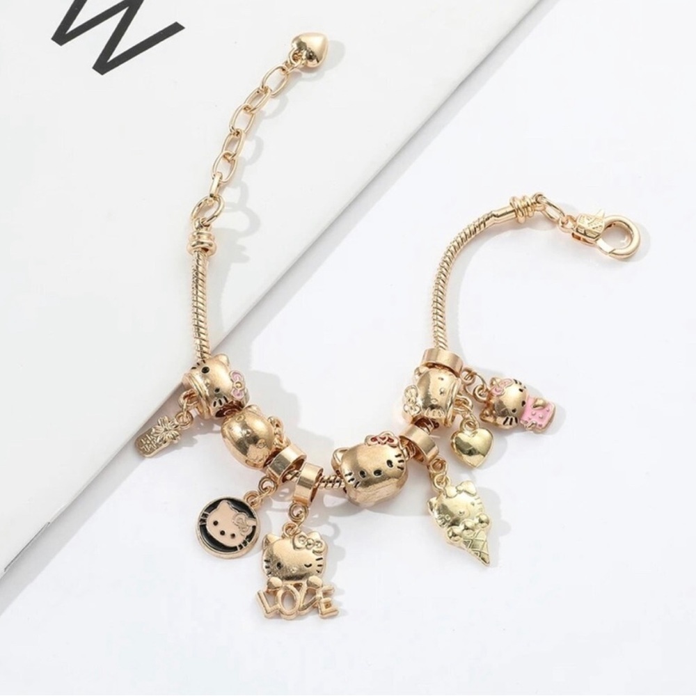 Gold Plated Hello Kitty Charm Bracelet Adjustable Sizing Unisex